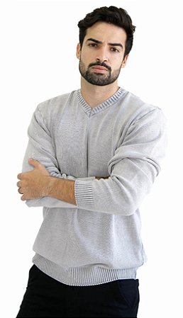 Suéter Tricot Masculino Algodão Cinza Liso Gola V