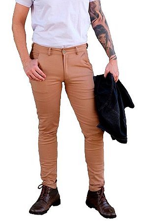 Calça Masculina Alfaiataria Sarja Elastano Lisa Marrom Claro