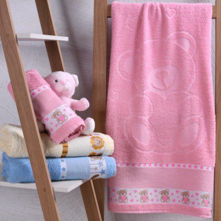 Toalha de Banho 100% algodão infantil para bordar Ponto Cruz Jacquard barra trabalhada ROSA Kinder Ursinha