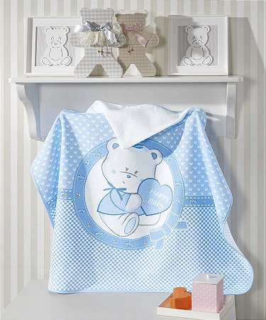 Toalha de Banho com Capuz Felpuda para bebê Happy Baby Urso Azul - Dohler