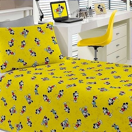 Jogo de Cama Solteiro 2 peças Lençol com elástico estampado e fronha de Malha Mickey Amarelo