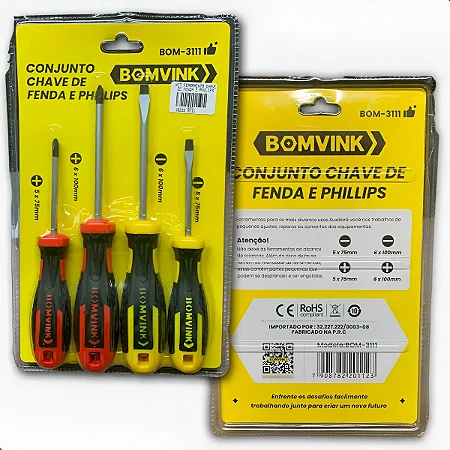 Chave De Fenda E Philips Bomvink 4 Peças Ponta Magnética