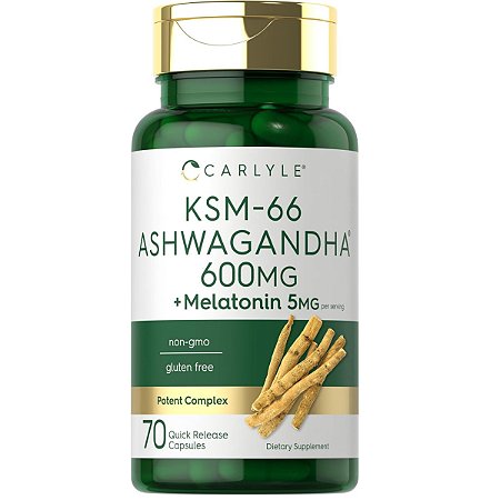 KSM-66 Ashwagandha 600mg + Melatonina 5mg, 70 Cápsulas, Carlyle