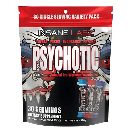 Pré-Treino Psychotic, 30 Sachês Sortidos – Blue Raspberry, Fruit Punch e Uva Insane Labz