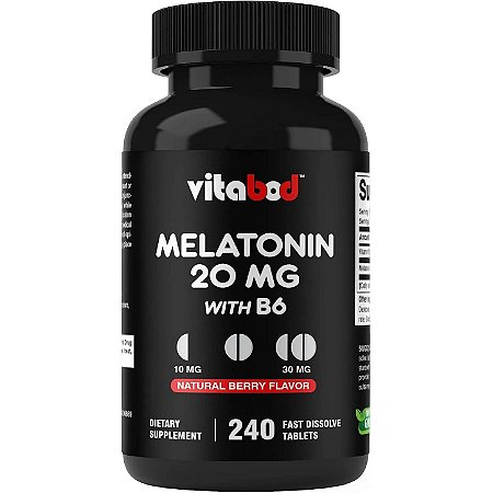 Melatonina, 20mg, 240 comprimidos de dissolução rápida, Com Vitamina B6, Vitabod