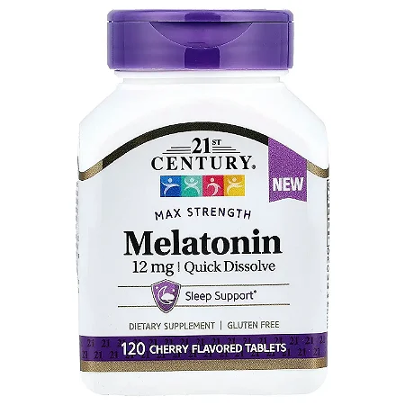 Melatonina, 12 mg, Dissolução Rápida, Sabor Cereja, 120 Tabletes, 21st Century