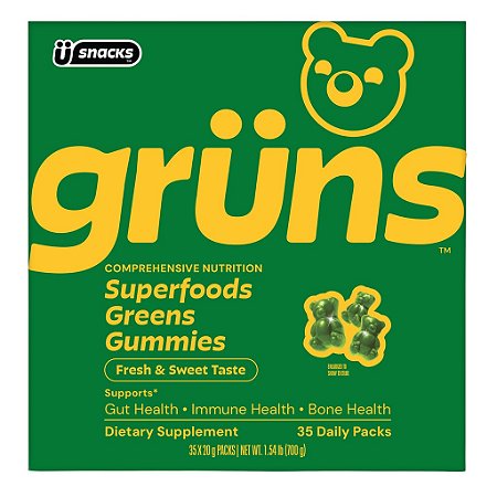 Grüns Adult Greens Gummies, Superfoods, Prebióticos, Fibras, 20+ Vitaminas e Minerais – 35 Sachês