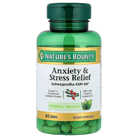 Anxiety & Stress Relief, Ashwagandha KSM-66 + L-Teanina, 90 Comprimidos - Nature's Bounty