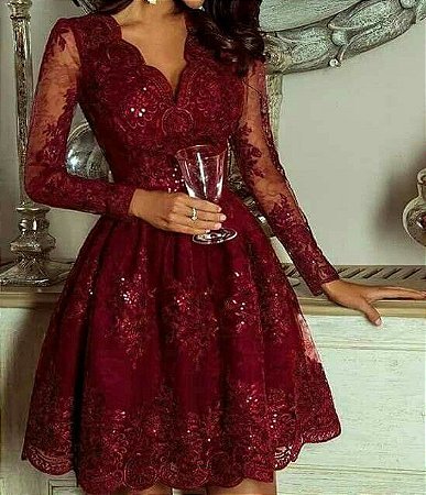 vestido manga longa marsala