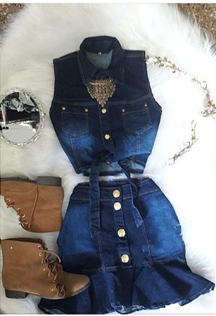 conjunto jeans feminino saia e blusa