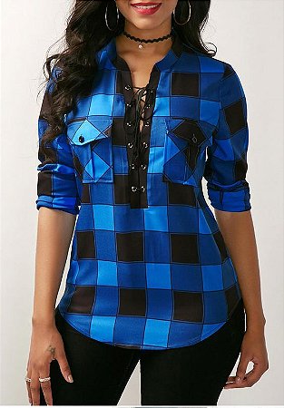 camisa xadrez azul e preta feminina