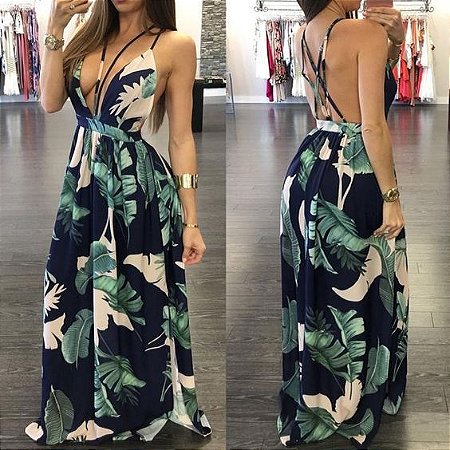 vestido longo tropical fashion