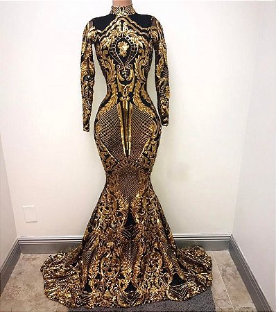 vestido longo sereia manga longa