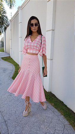 Conjunto Xadrez Saia E Cropped Branco / Rosa Shein