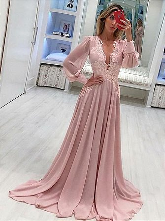 vestido rose longo com manga