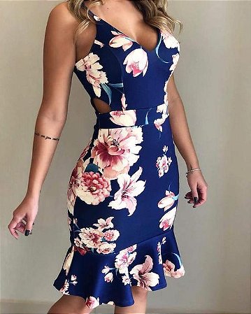 vestido longo azul marinho estampado