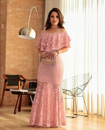 vestido longo renda rosa