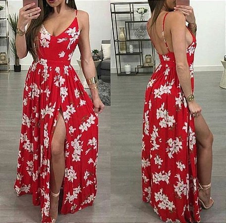 vestido longo floral vermelho