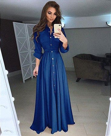 vestido manga longa azul