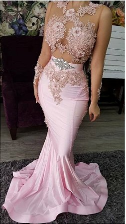 VESTIDO SEREIA MANGA LONGA COM TULE E RENDA BORDADO ROSA K 8JV8EU963 -  vendemos varejo e atacado, produzimos também sob medida o modelo que você  escolher.