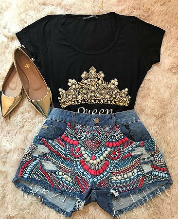 short jeans com bordado