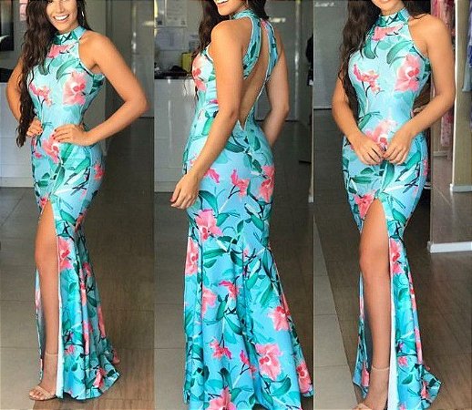 vestido estampado com fenda