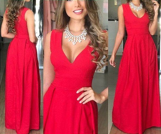 vestido plissado longo vermelho