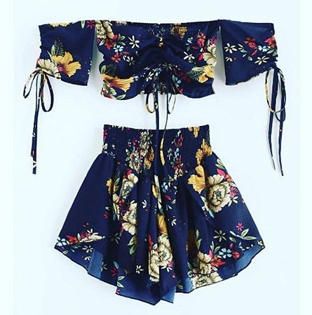 conjunto floral feminino short e cropped