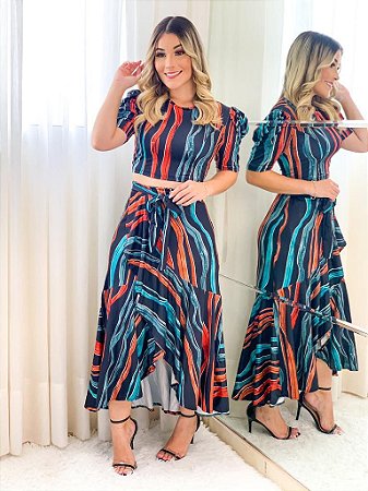 saia midi estampada com cropped