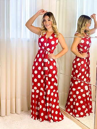 vestido longo de bolinhas