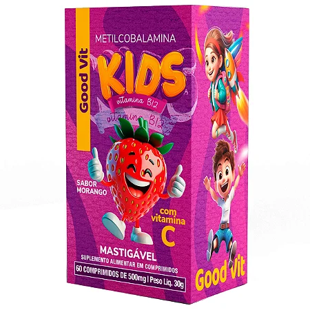 Vitamina B12 + Vitamina C Kids c/60 Comprimidos Mastigável sabor Morango