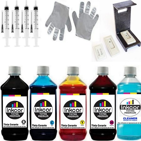Kit Recarga Cartuchos HP e Canon com 2500ml de Tintas e Solução de Limpeza no Total