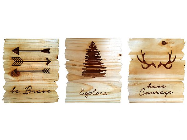 Quadros Decorativos em Pinus - Trio Explore, Have Courage e Be Brave - Artesanal