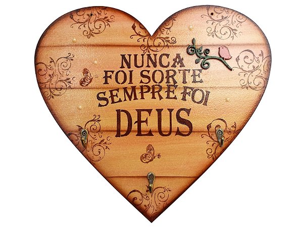 Placa Decorativa Coração Frases Deus (30x27) com Ganchos