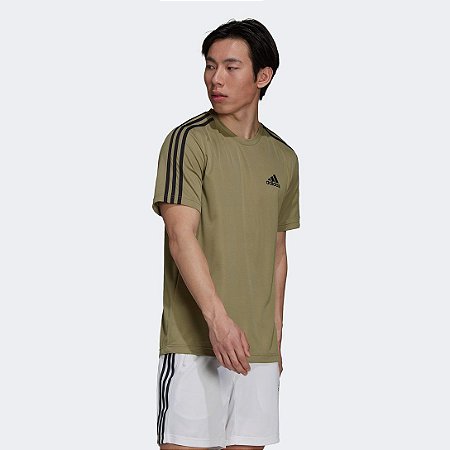 Camiseta Adidas D2M 3 Listras Masculino - Verde+Preto