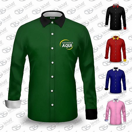 Camisa Social Manga Longa Gola Punho - Várias Cores - Uniforme Personalizado