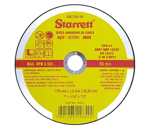 Disco de Corte 180 7" X 1.6 X 22.23 Inox Starrett