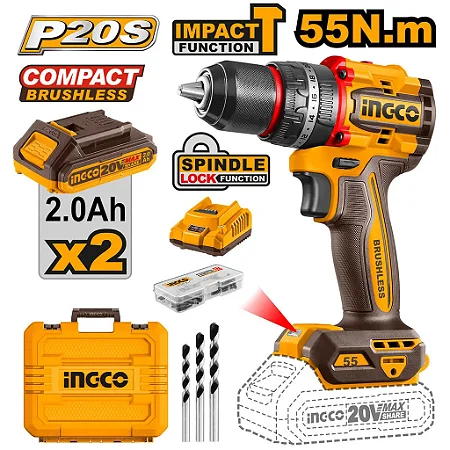 Furadeira / Parafusaderia Com Impacto 1/2" 20V (2 Baterias 2AH) Ingco