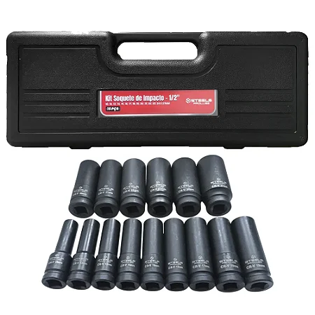 Kit Soquete de Impacto Sextavado 1/2" Longo 15 Peças 10-27mm Steels