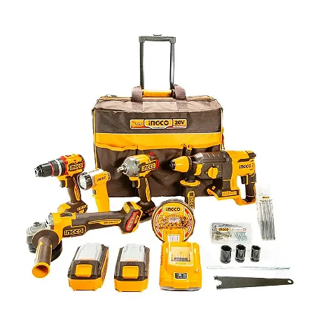 Combo 5 Peças (Parafusadeira 1/2" - Chave Impacto - Esmerilhadeira Angular 4.1/2" - Martelete 2.5J - Lanterna) 2 Baterias 4Ah Bolsa Ingco