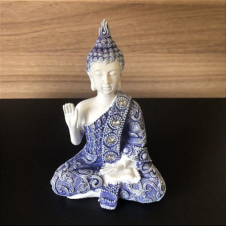 Buda da Coragem (Abhaya Mudra) Azul e Branco 11cm