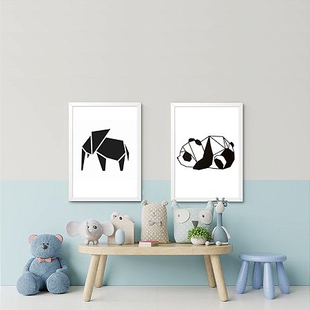 Kit 2 Quadros Elefante e Panda Abstrato