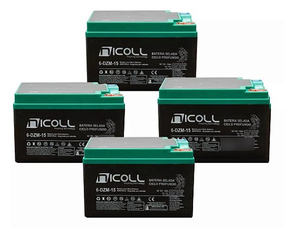 kit 4 Baterias Nicoll 12V 15ah Ciclo Profundo Para BIKE ELETRICA, PATINETE ELETRICO, SKATE, SCOOTER