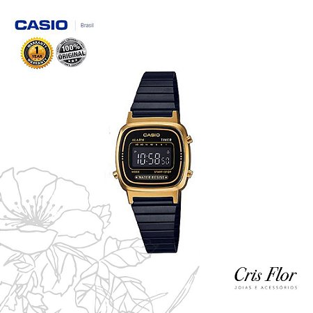 Relógio Casio Mini Preto com Visor e Detalhes da Caixa em Dourado LA670WEGB-1B