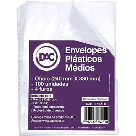ENVELOPE PLÁSTICOS MÉDIO COM FUROS PACOTE COM 100UN