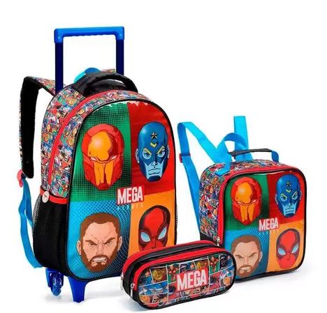 KIT MOCHILA C/ RODA MEGA HEROES MR40499 MASC +LANCH+ESTOJO