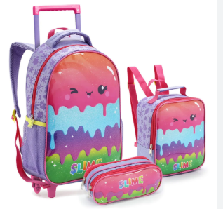 KIT MOCHILA DE RODINHAS COM LANCHEIRA E ESTOJO SLIME SEANITE