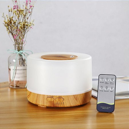 Difusor de Ambiente Aromatizador Umidificador  Cor Madeira  Led 7 Cores 500ml - Com Controle Remoto
