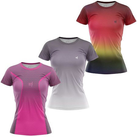 Kit 3 Camisetas Fitness Feminina - Joy - Preto Cinza - Vermelho Amarelo