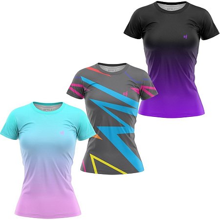 Kit 3 Camisetas Fitness Feminina - Azul Lilás - Ray - Preto Roxo